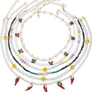 Women,6 Pieces Handmade Hawaiian Boho Beaded Choker Necklaces